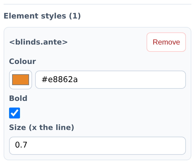 The Element styles panel in the inspector: ante entry with colour, bold and size fields