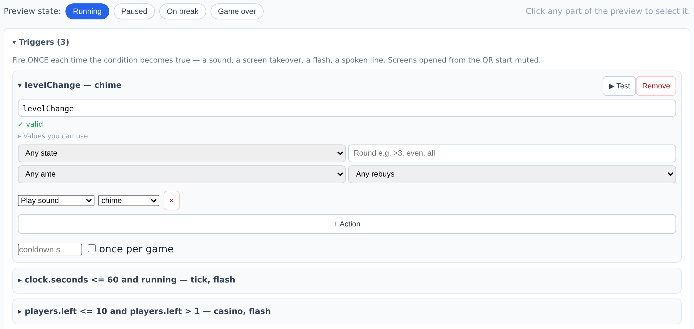 The Triggers panel in the layout editor: a levelChange trigger playing a chime, with Test and Remove buttons